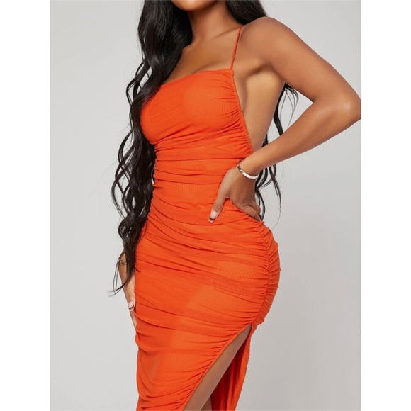 SHEIN Tie Backless Split Thigh Ruched Mesh Dress | 2 (XS) | Orange - Picture 3 of 5